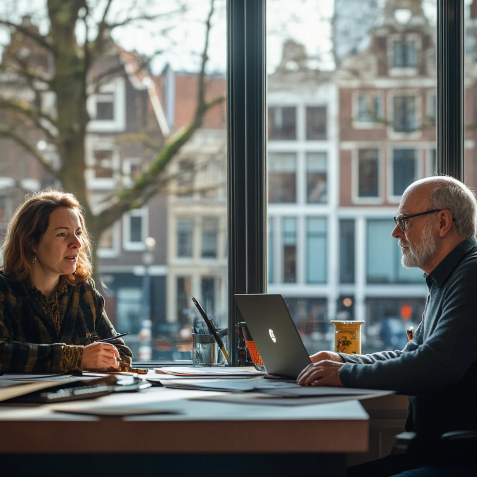 Ambtenaren in discussie over de EU AI Act, maar dan gegenereerd met AI.