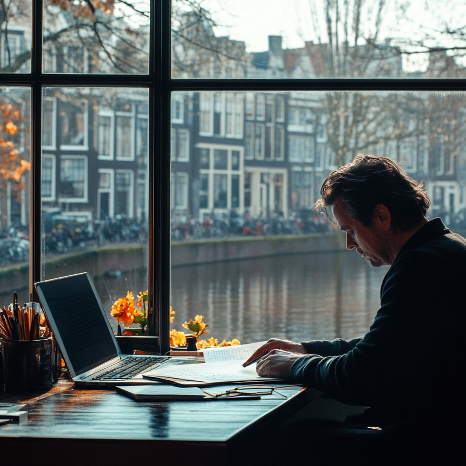 Een notaris in Delft bestudeert de EU AI Act, alleen is deze afbeelding gegenereerd met AI.