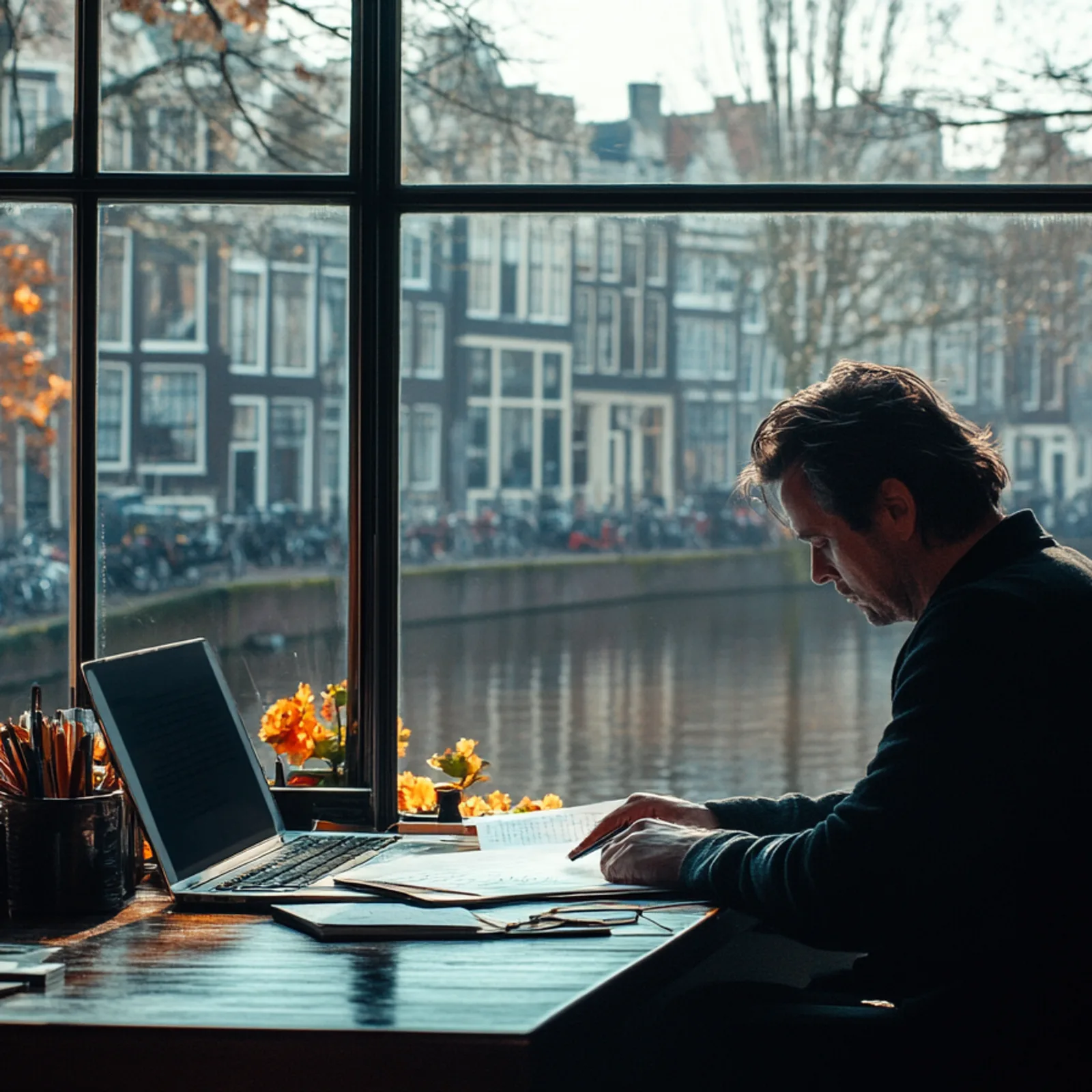 Een notaris in Delft bestudeert de EU AI Act, alleen is deze afbeelding gegenereerd met AI.