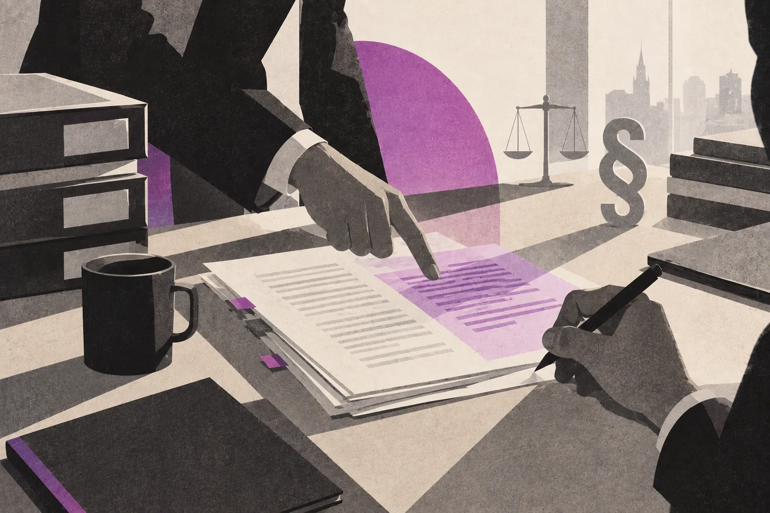 Twee juristen lopen samen een gemarkeerde passage in een document na