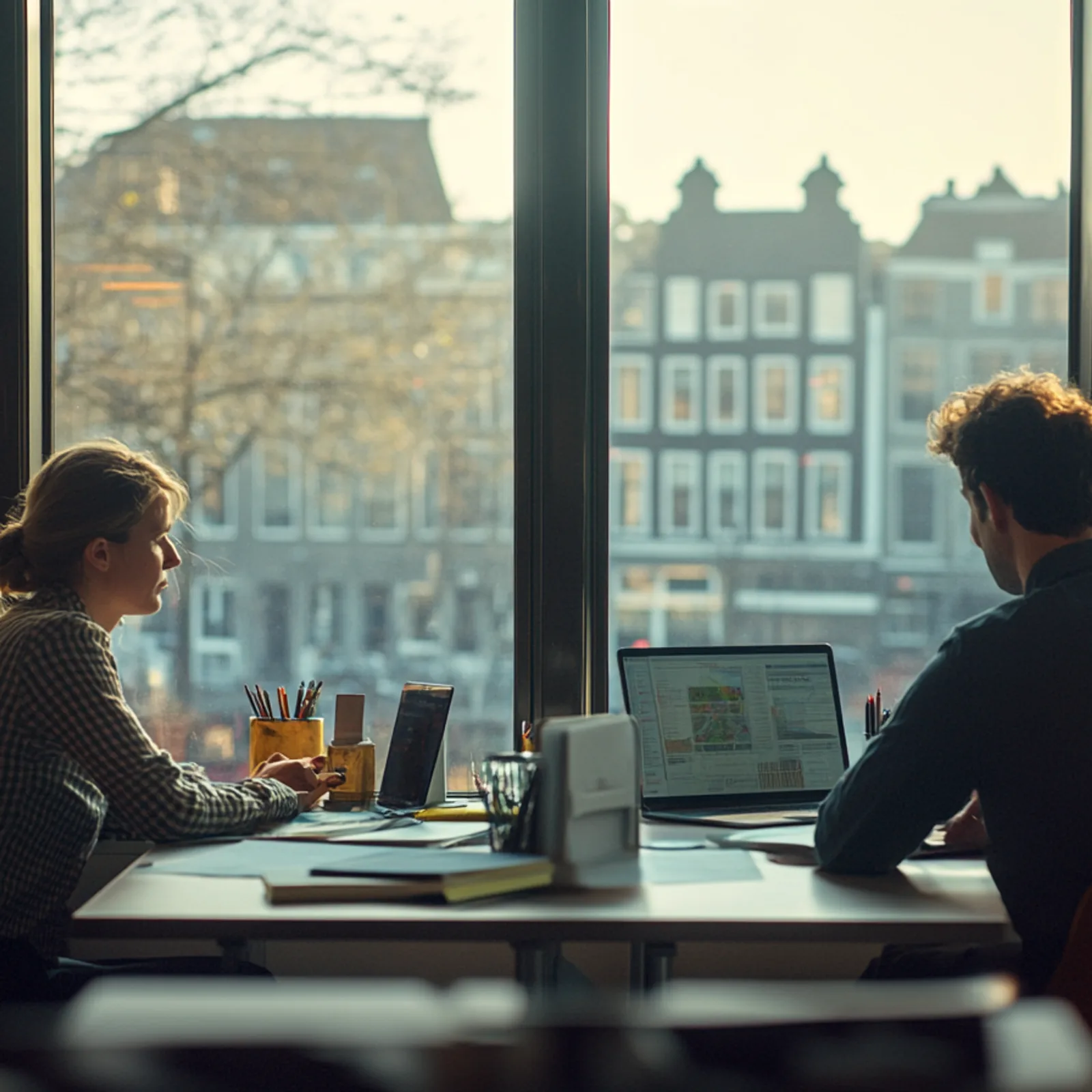 Twee beleidsmakers denken na over de toekomst van Den Haag, maar dan gegenereerd met AI.