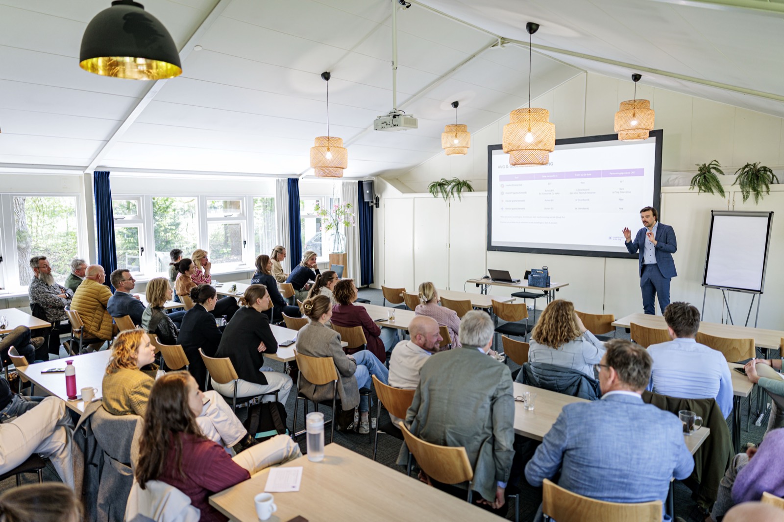 Trainer Bram Kreuger van AI-Advies en Training geeft een AI-training aan een groep deelnemers